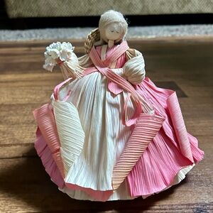 Nan’s Corn Husk • Vintage • Woman W/Pink Dress & Holding A Bouquet Of Flowers